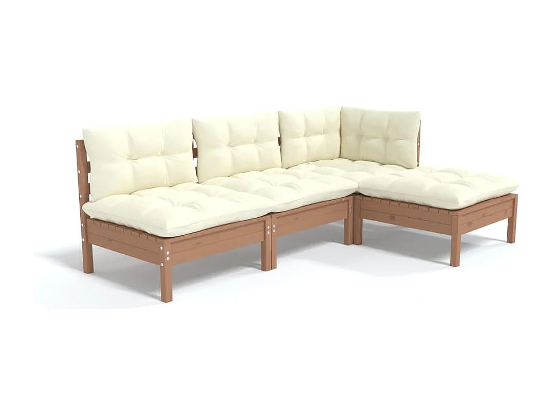 Salon de jardin 4 pcs avec coussins Marron miel Bois de pin