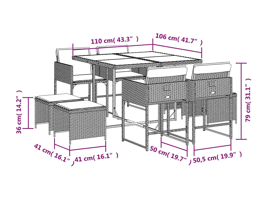 Ensemble à manger de jardin et coussins 9 pcs gris clair rotin