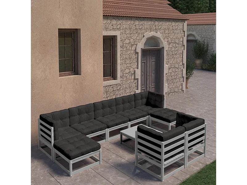 Salon de jardin 10 pcs avec coussins Gris Bois de pin massif