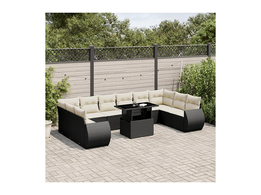 Set de sofás de jardín 11 pzas y cojines ratán sintético negro