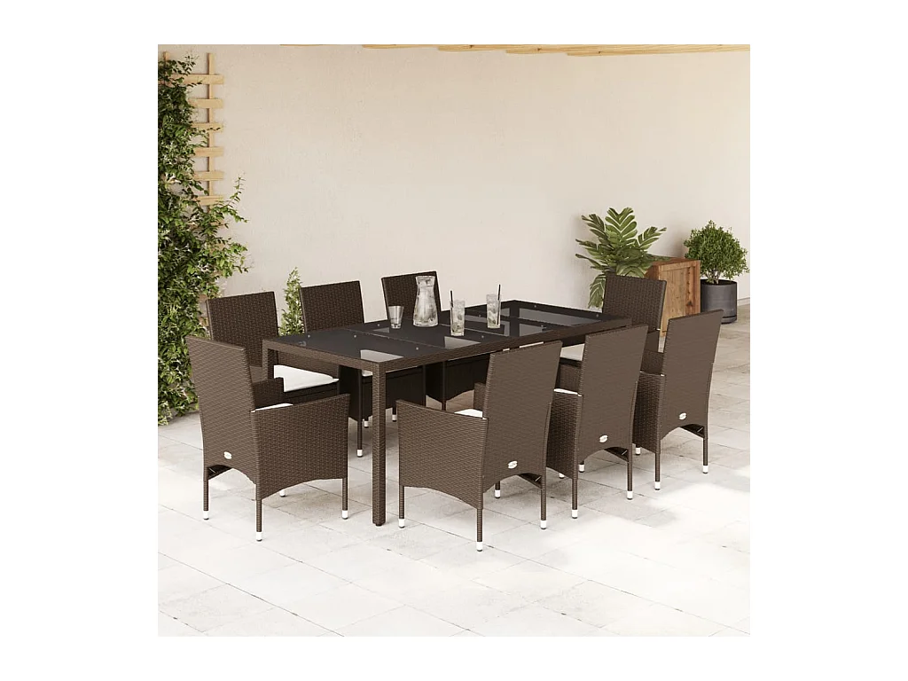 9-delige Tuinset met kussens poly rattan en glas bruin