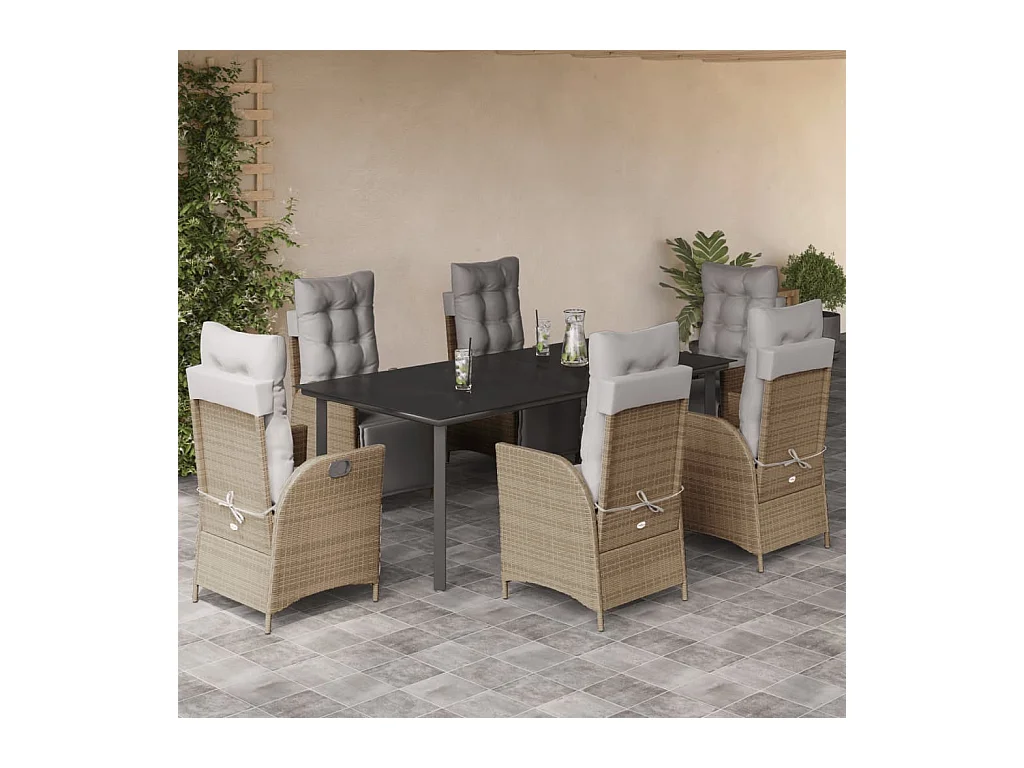 7-delige Tuinset met kussens poly rattan gemengd beige