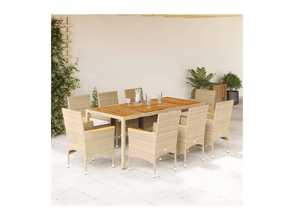 9-tlg. Garten-Essgruppe mit Kissen Beige Poly Rattan Akazie