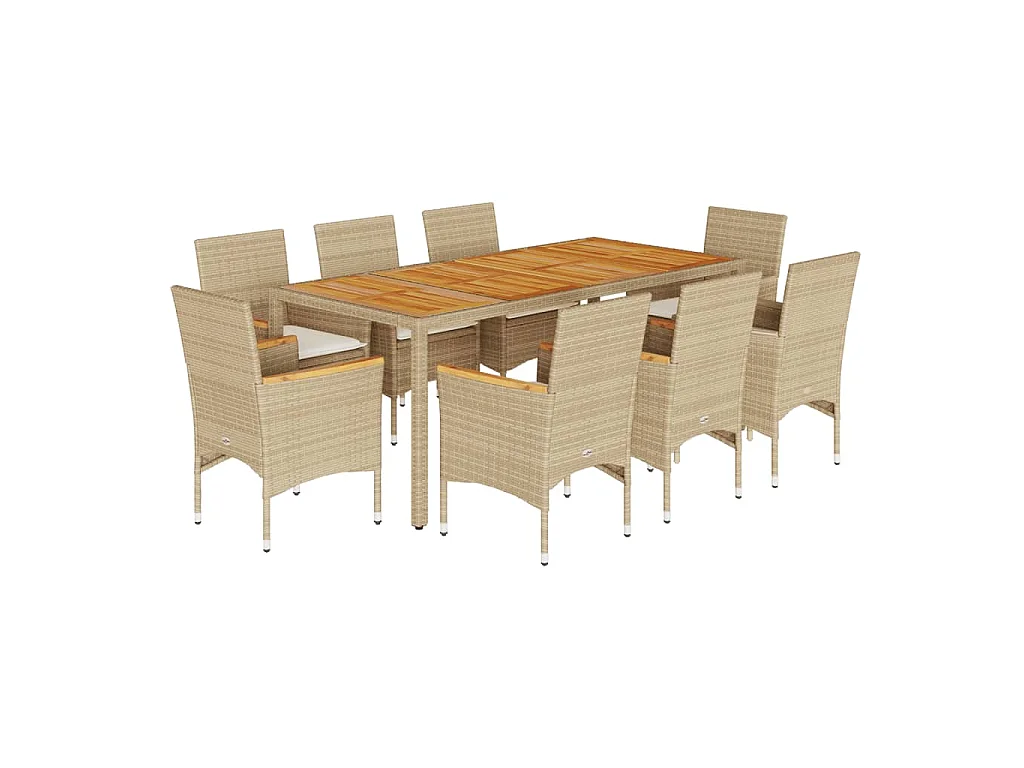 Ensemble à manger de jardin et coussins 9pcs beige rotin acacia