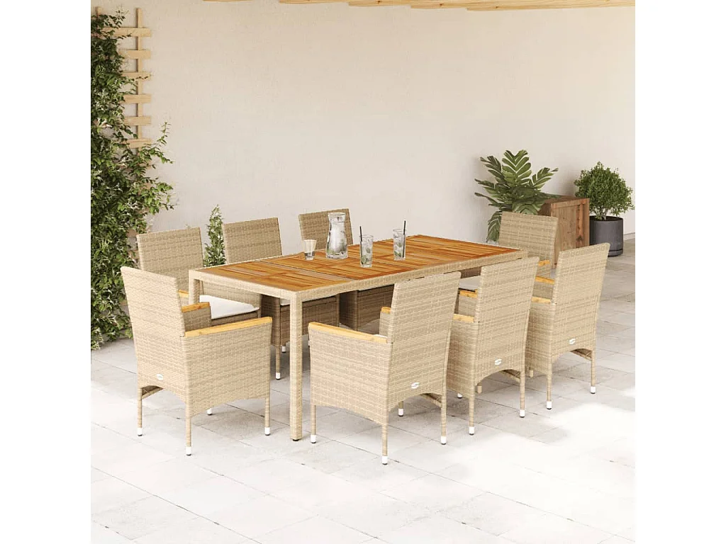 Ensemble à manger de jardin et coussins 9pcs beige rotin acacia