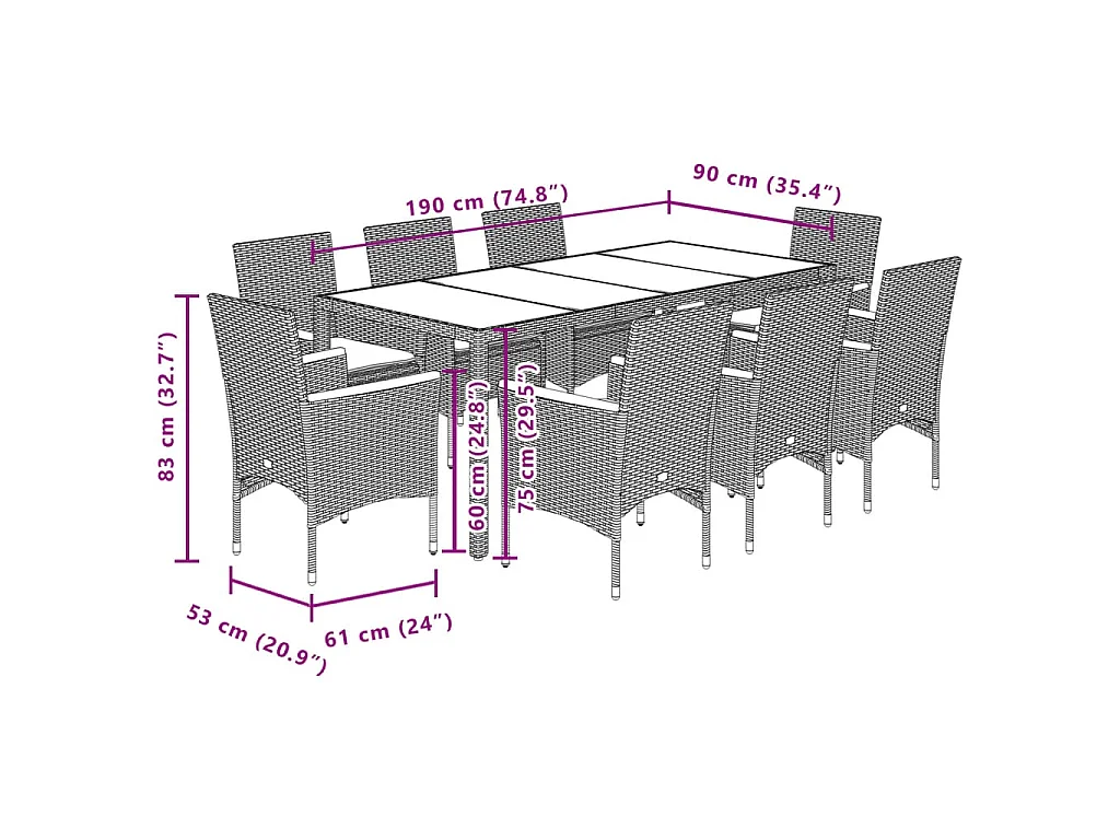 Ensemble à manger de jardin et coussins 9pcs beige rotin acacia