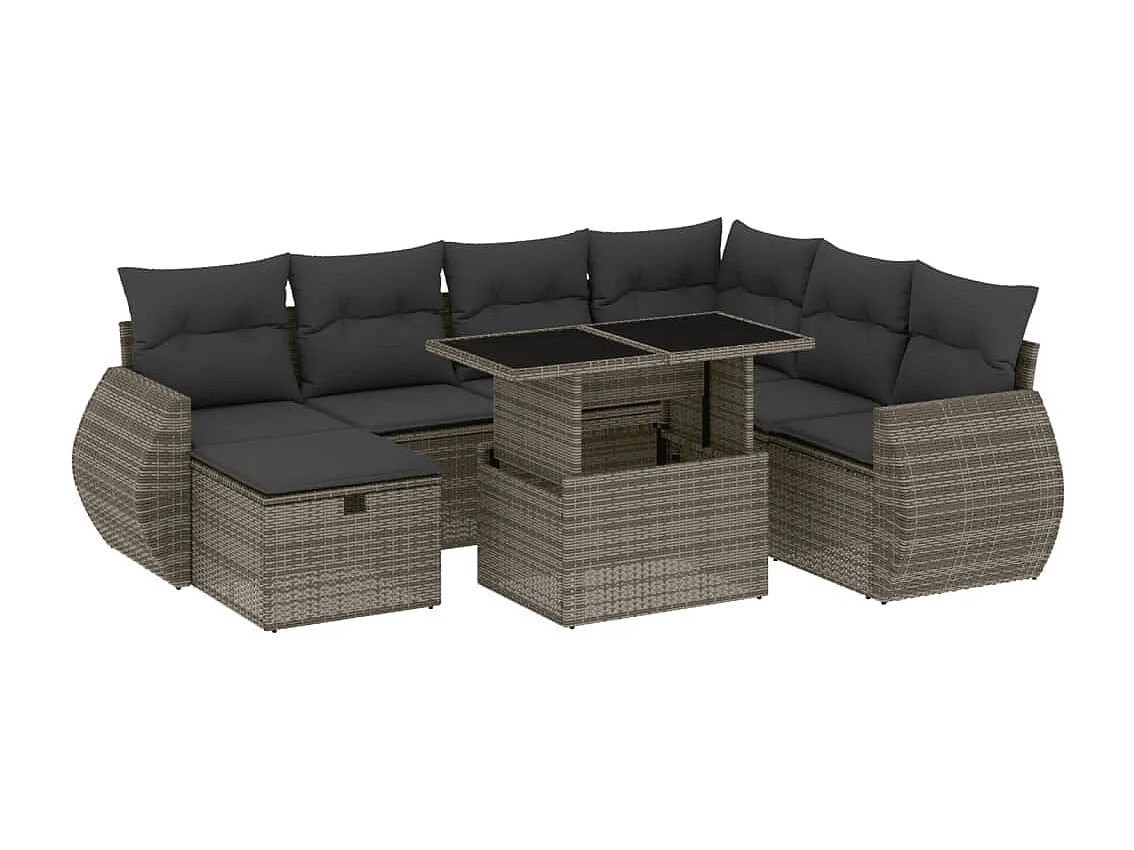 8 pcs conjunto sofás de jardim c/ almofadões vime PE cinzento