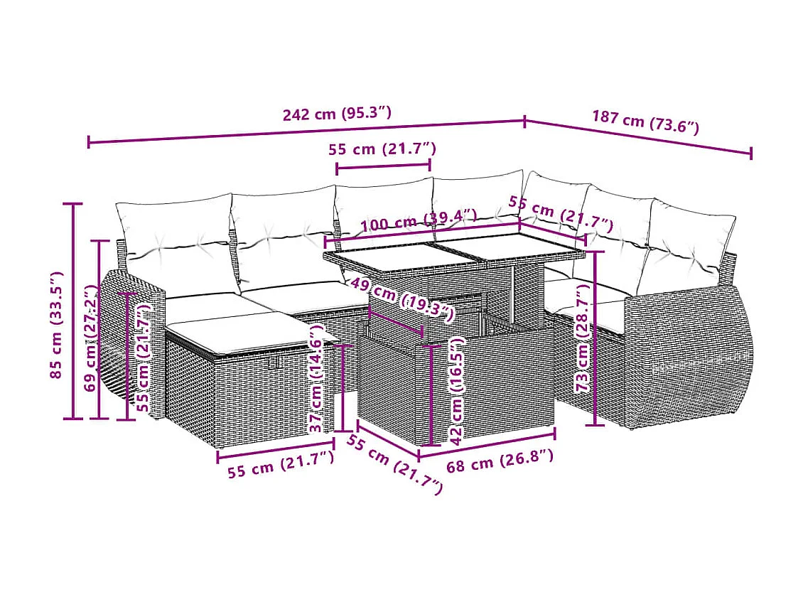 8 pcs conjunto sofás de jardim c/ almofadões vime PE cinzento