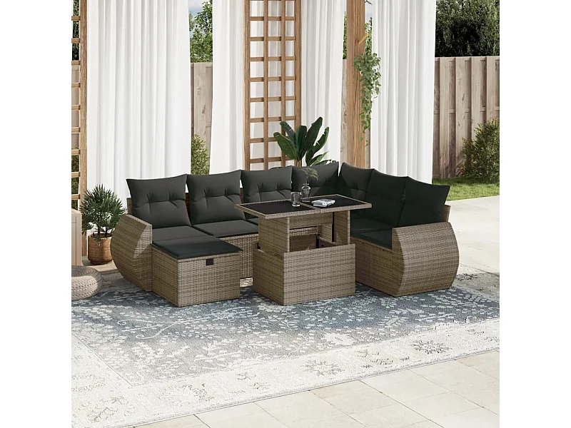 8 pcs conjunto sofás de jardim c/ almofadões vime PE cinzento