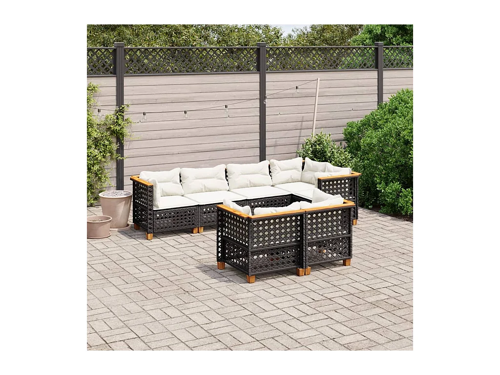 7-delige Loungeset met kussens poly rattan zwart