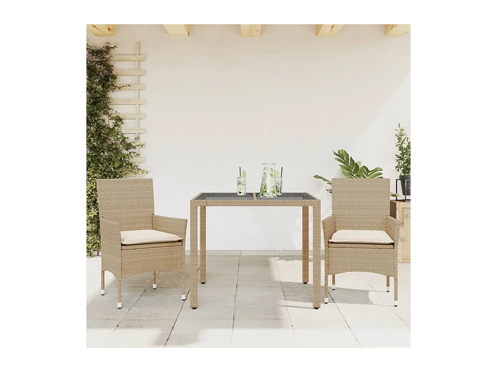 Ensemble à manger de jardin et coussins 3 pcs beige rotin verre