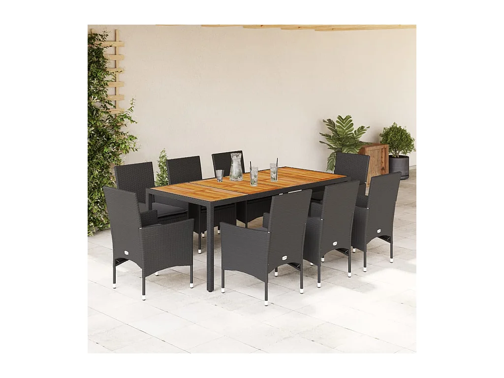 Ensemble à manger de jardin et coussins 9 pcs noir rotin acacia