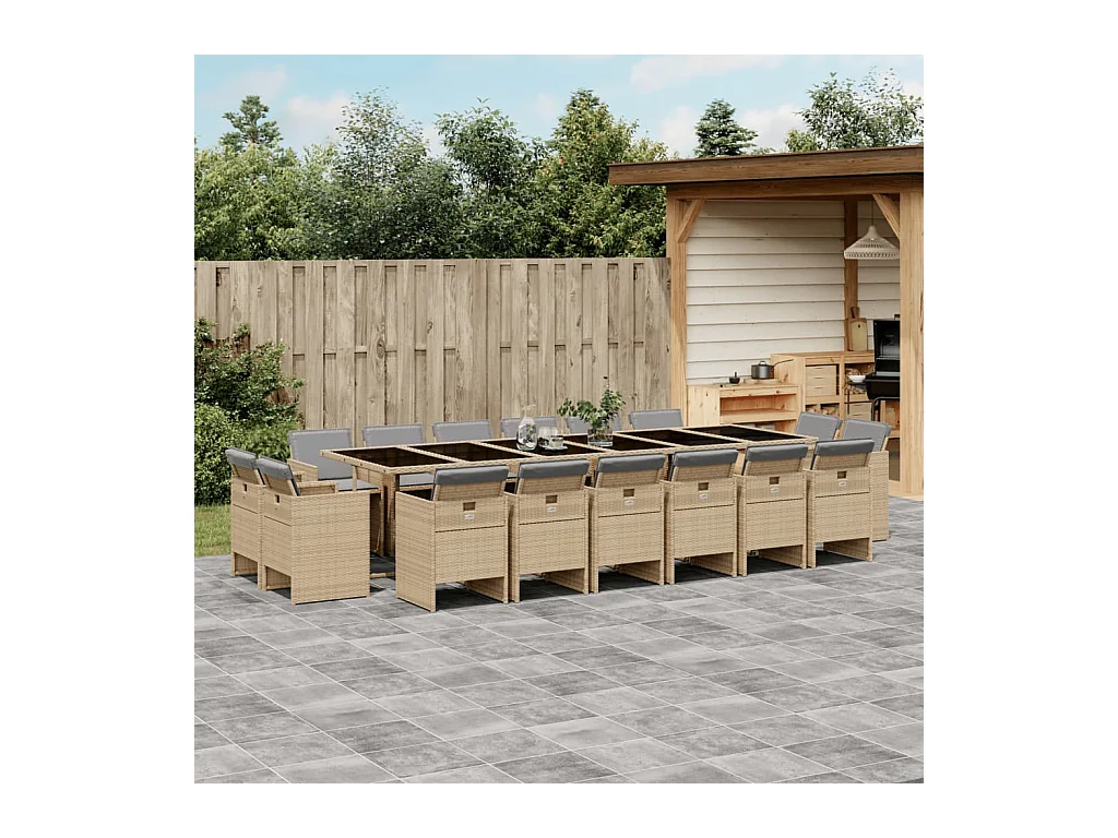 Set comedor de jardín 17 pzas con cojines ratán sintético beige