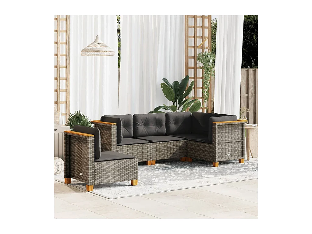 Salon de jardin 5 pcs avec coussins gris résine tressée