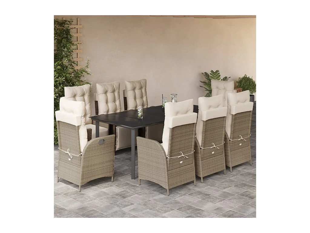 9 pcs conjunto de jantar p/ jardim com almofadões vime PE bege