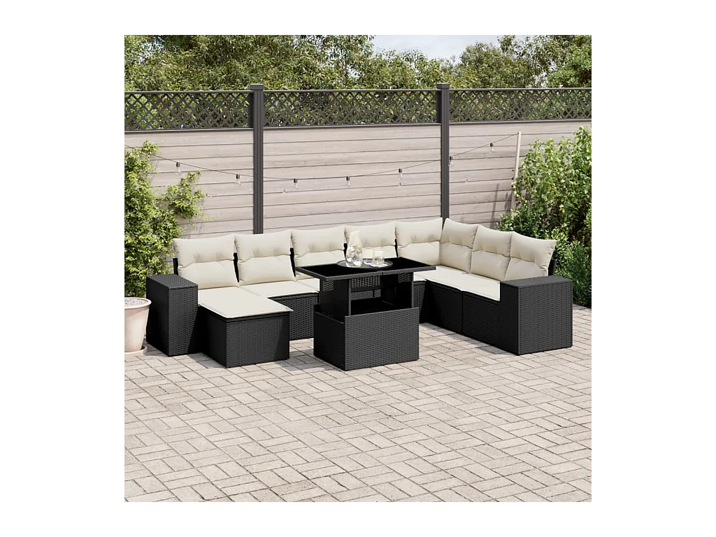 9-delige Loungeset met kussens poly rattan zwart