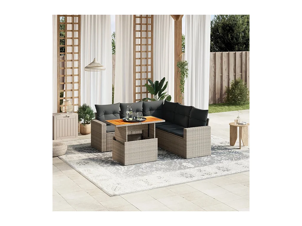 Salon de jardin 6 pcs avec coussins gris résine tressée