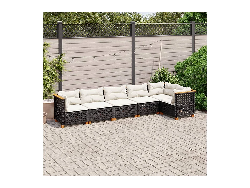 Salon de jardin 6 pcs avec coussins noir résine tressée