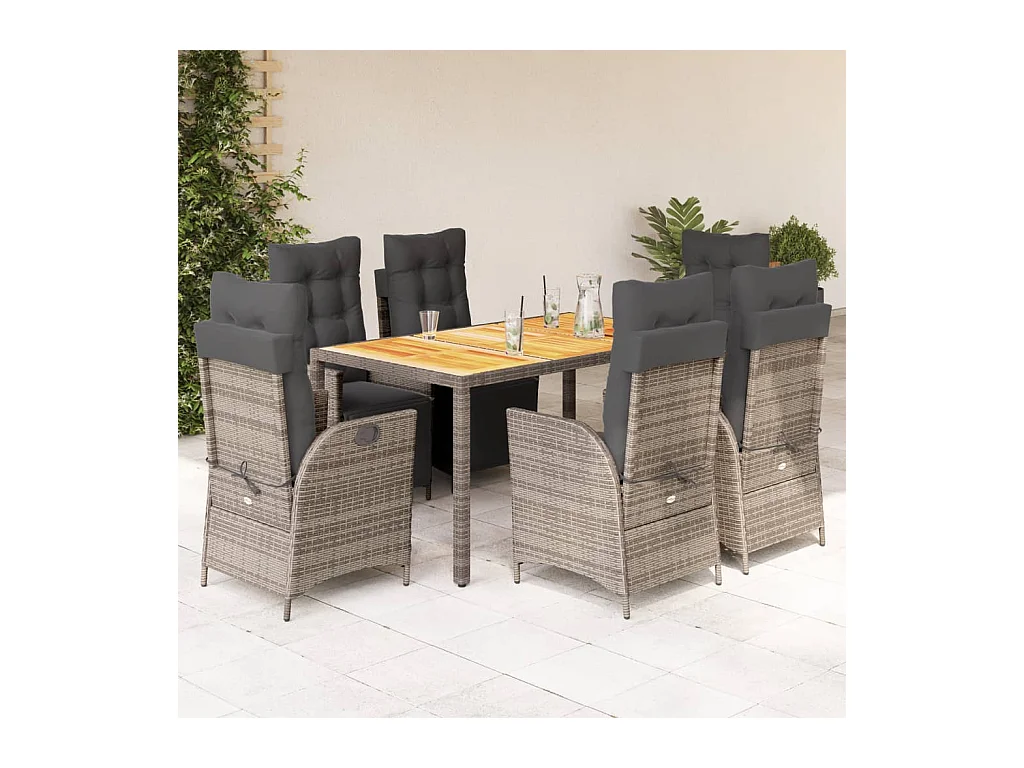 7-tlg. Garten-Essgruppe mit Kissen Grau Poly Rattan
