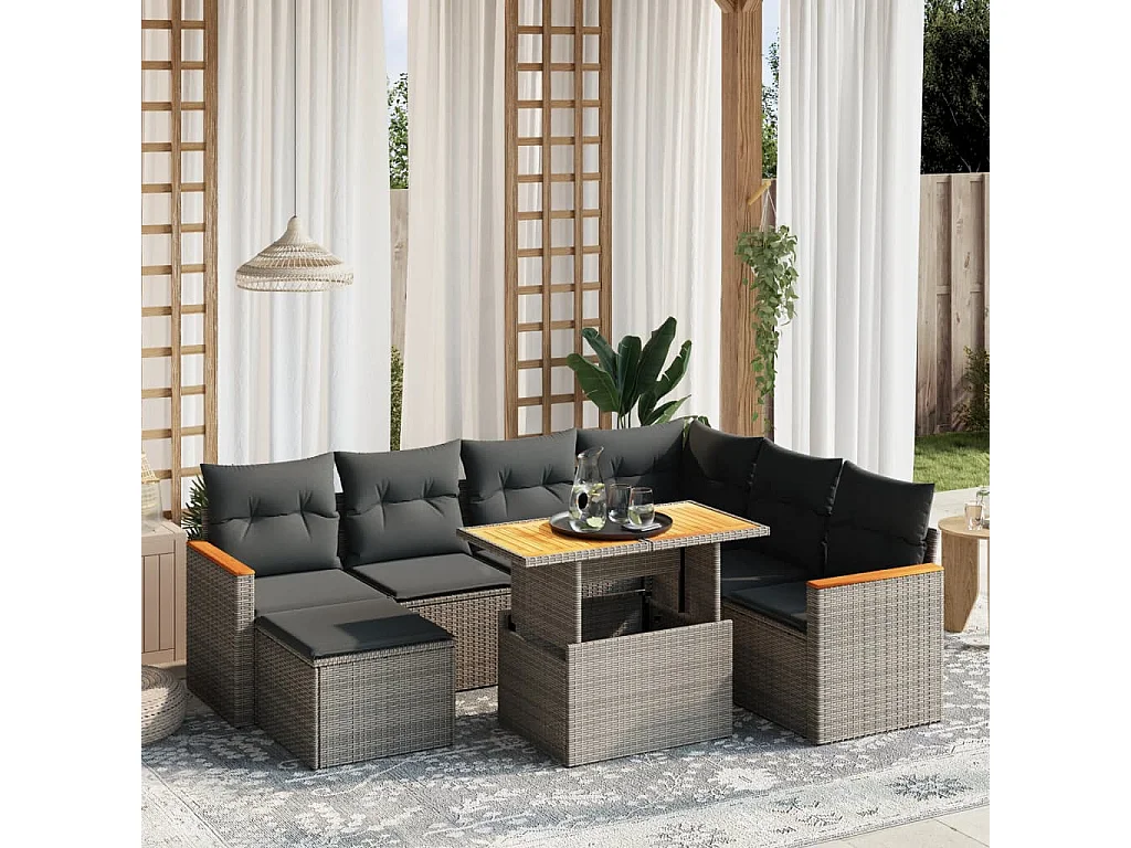 Salon de jardin 8 pcs avec coussins gris résine tressée