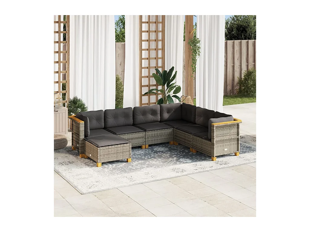 7-tlg. Garten-Sofagarnitur mit Kissen Grau Poly Rattan