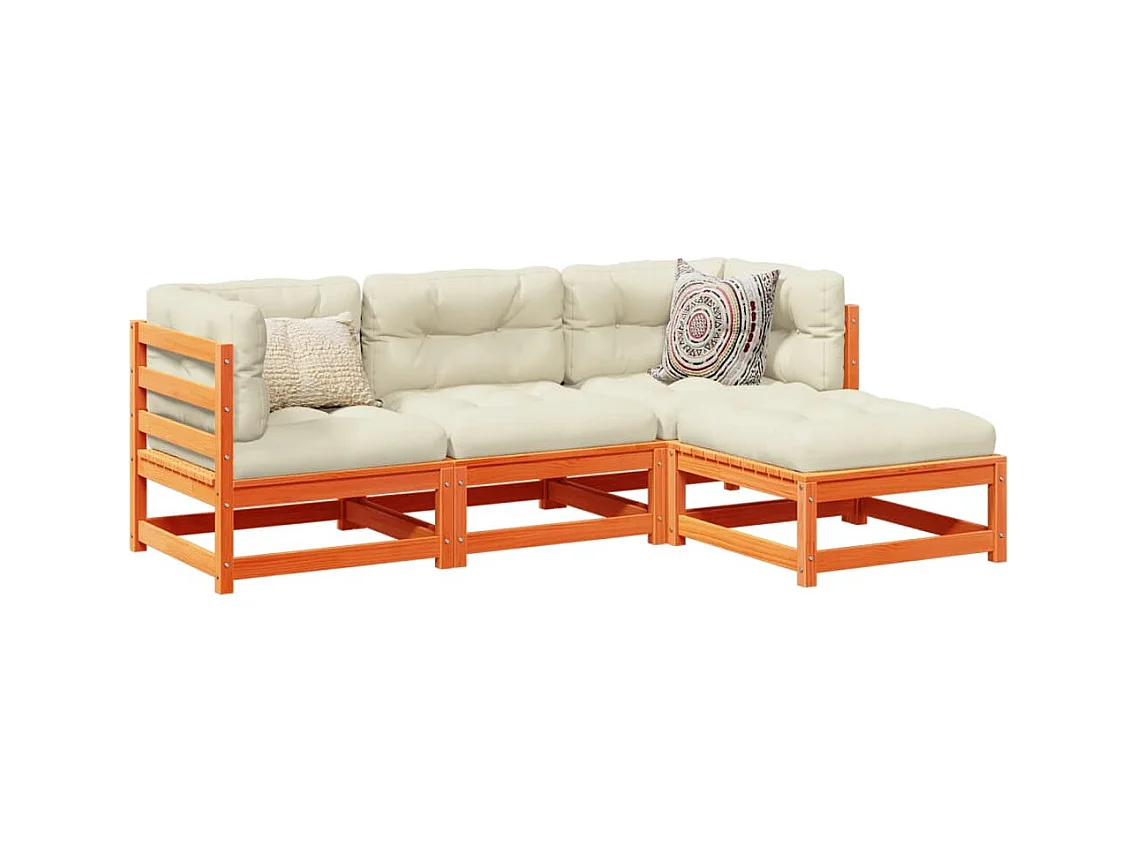 Salon de jardin 4 pcs avec coussins cire marron bois pin massif