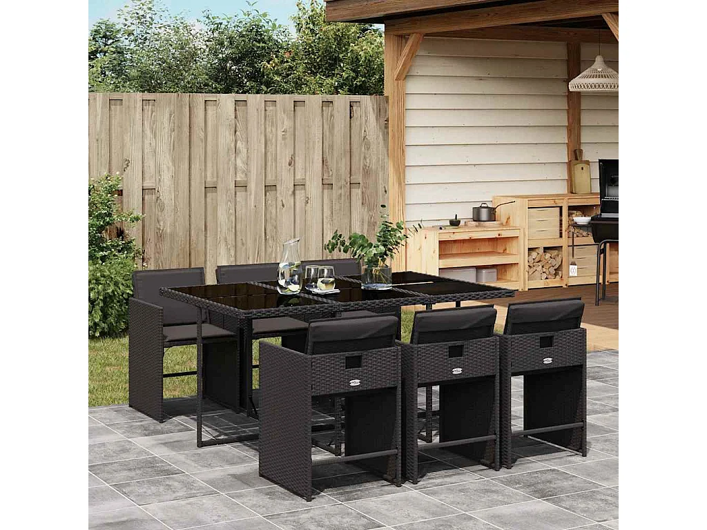 Set da Pranzo da Giardino 7 pz Nero con Cuscini in Polyrattan
