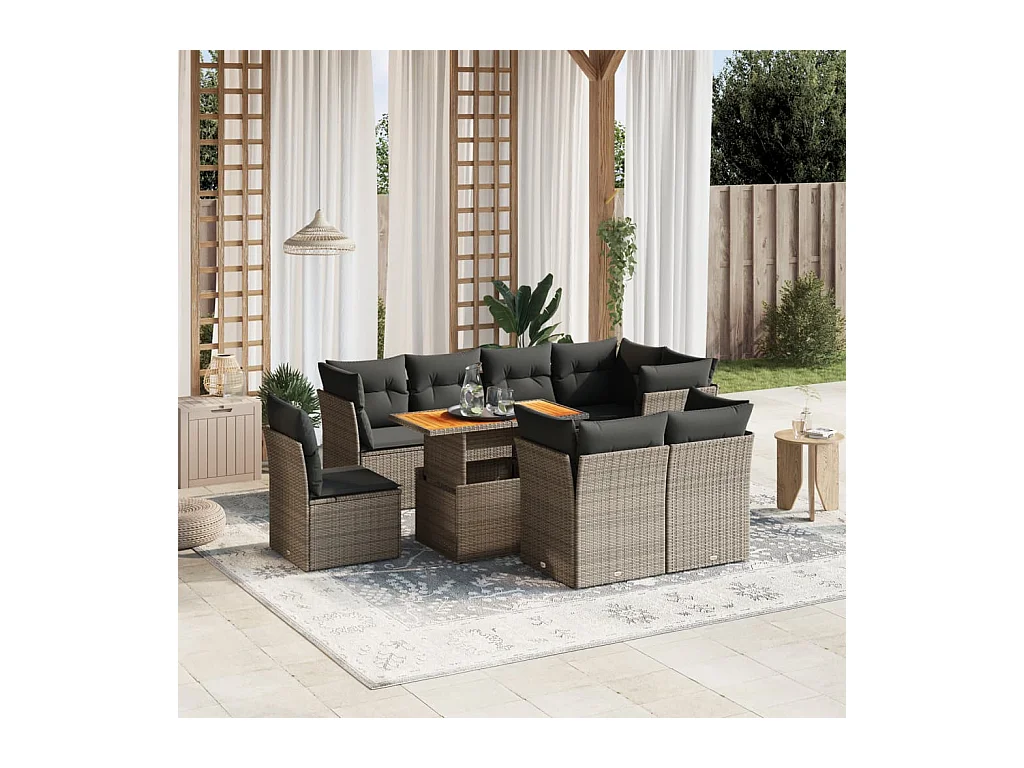 Salon de jardin 9 pcs avec coussins gris résine tressée