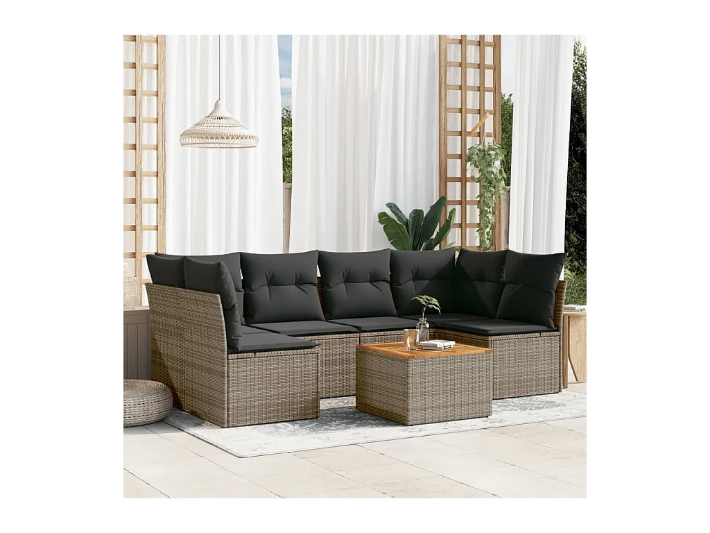 7-tlg. Garten-Sofagarnitur mit Kissen Grau Poly Rattan