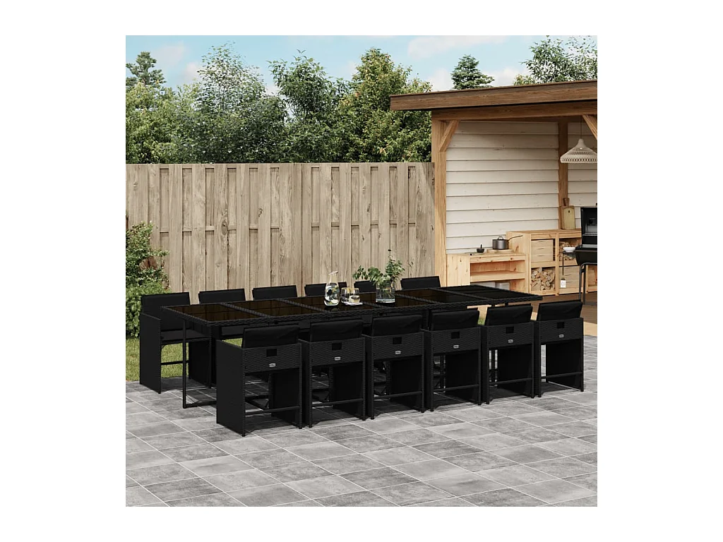 Set da Pranzo da Giardino 13pz con Cuscini Nero in Polyrattan