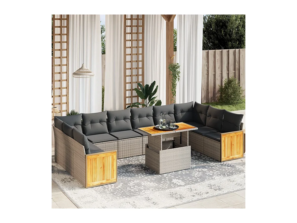 Set Divani da Giardino 11 pz con Cuscini in Polyrattan Grigio