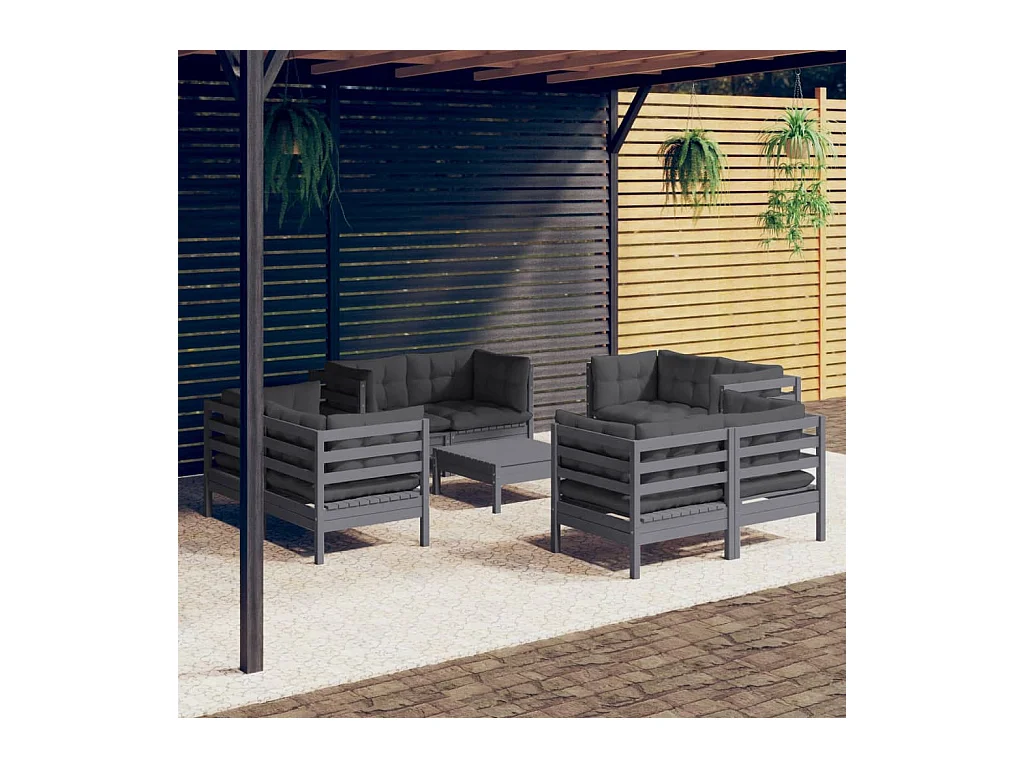 Salon de jardin 9 pcs avec coussins anthracite bois de pin