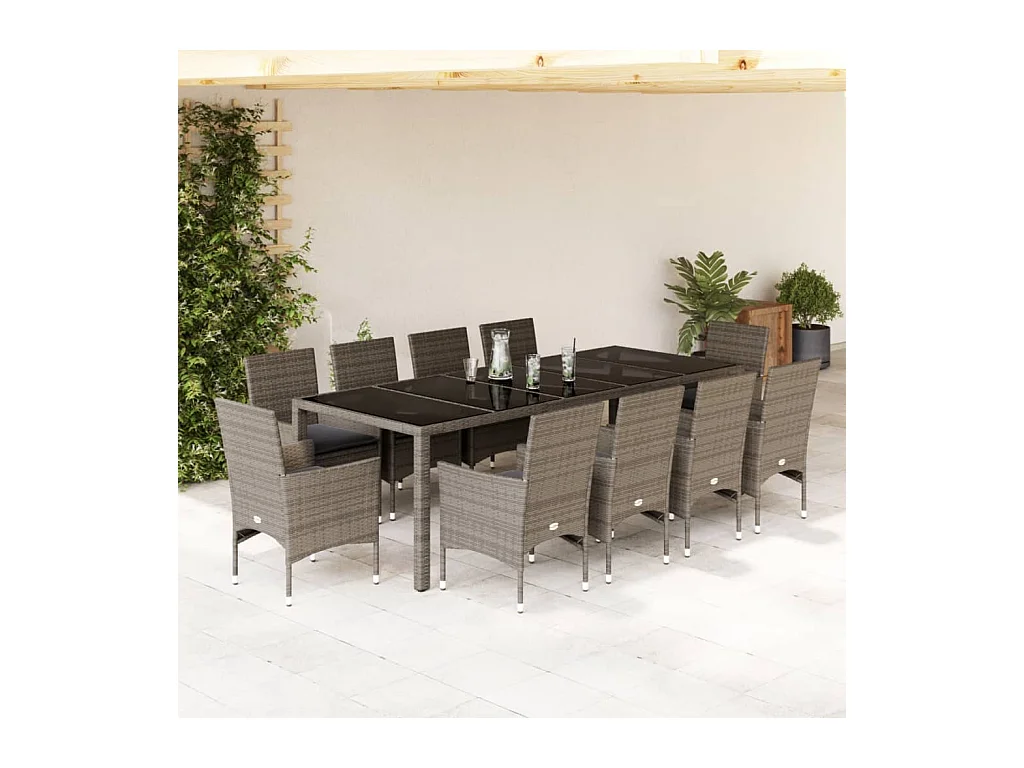 Set da Pranzo da Giardino 11pz con Cuscini Polyrattan e Vetro