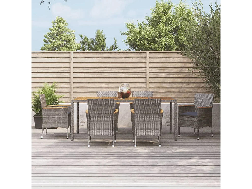Ensemble à manger jardin et coussins 7 pcs gris rotin