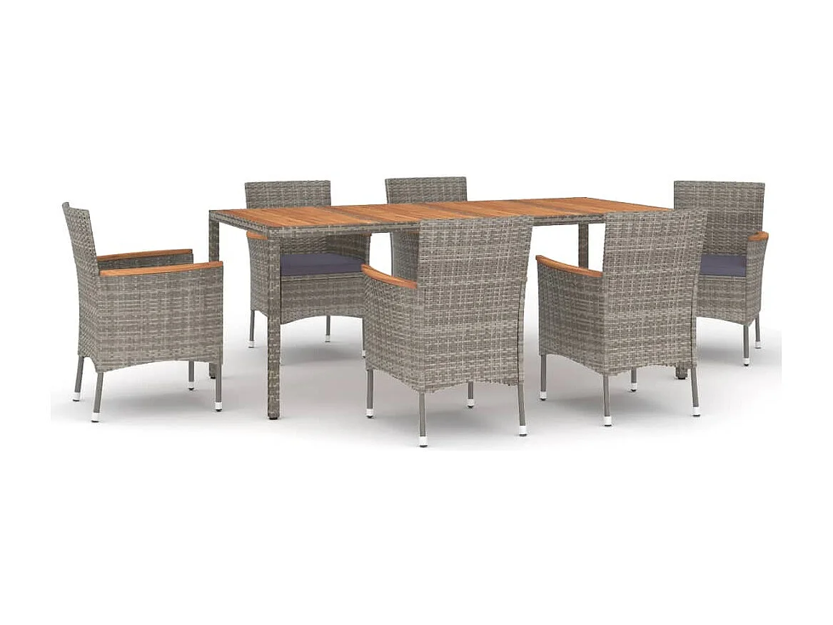 Ensemble à manger jardin et coussins 7 pcs gris rotin