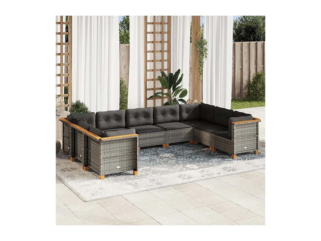 9-tlg. Garten-Sofagarnitur mit Kissen Grau Poly Rattan