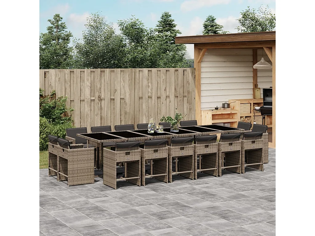 Set da Pranzo da Giardino 17pz con Cuscini Grigio in Polyrattan