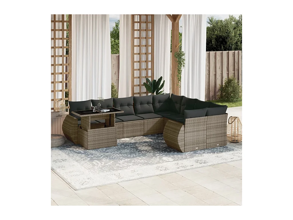 Salon de jardin avec coussins 10 pcs gris résine tressée