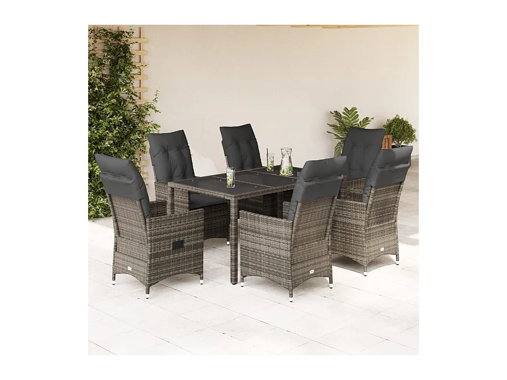7-tlg. Garten-Essgruppe mit Kissen Grau Poly Rattan