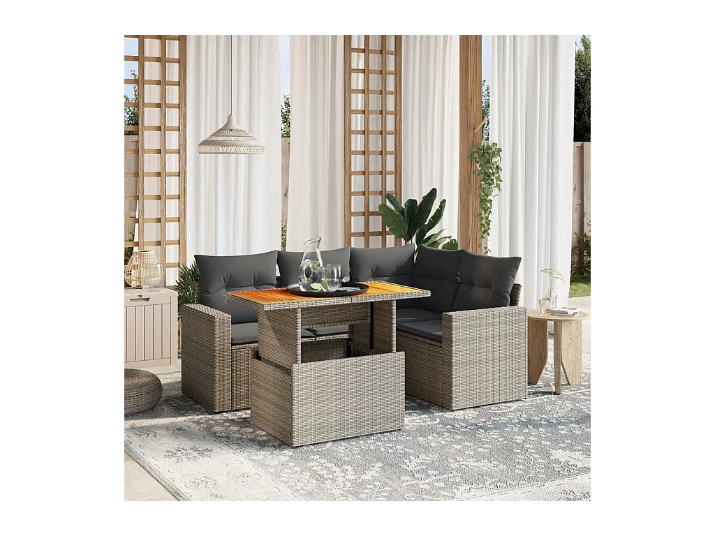 Salon de jardin 5 pcs avec coussins gris résine tressée