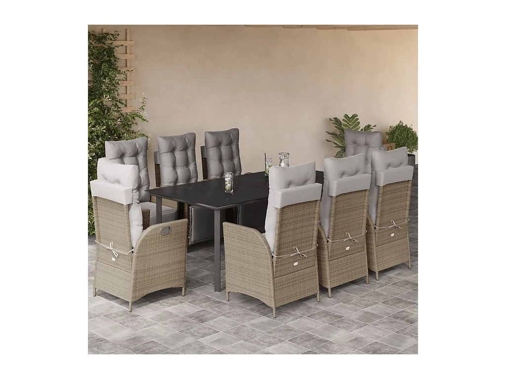 9 pcs conj. jantar jardim c/ almofadões vime PE bege misturado