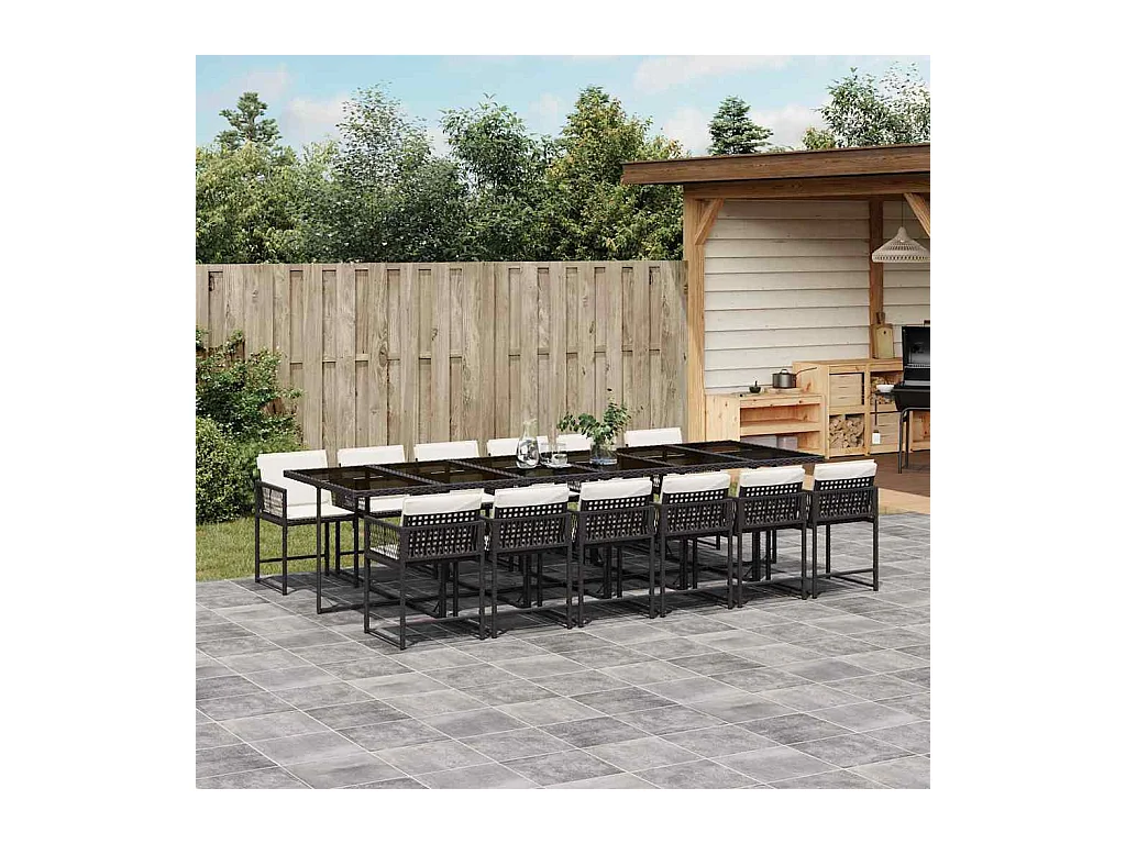 Set da Pranzo da Giardino 13pz con Cuscini Nero in Polyrattan