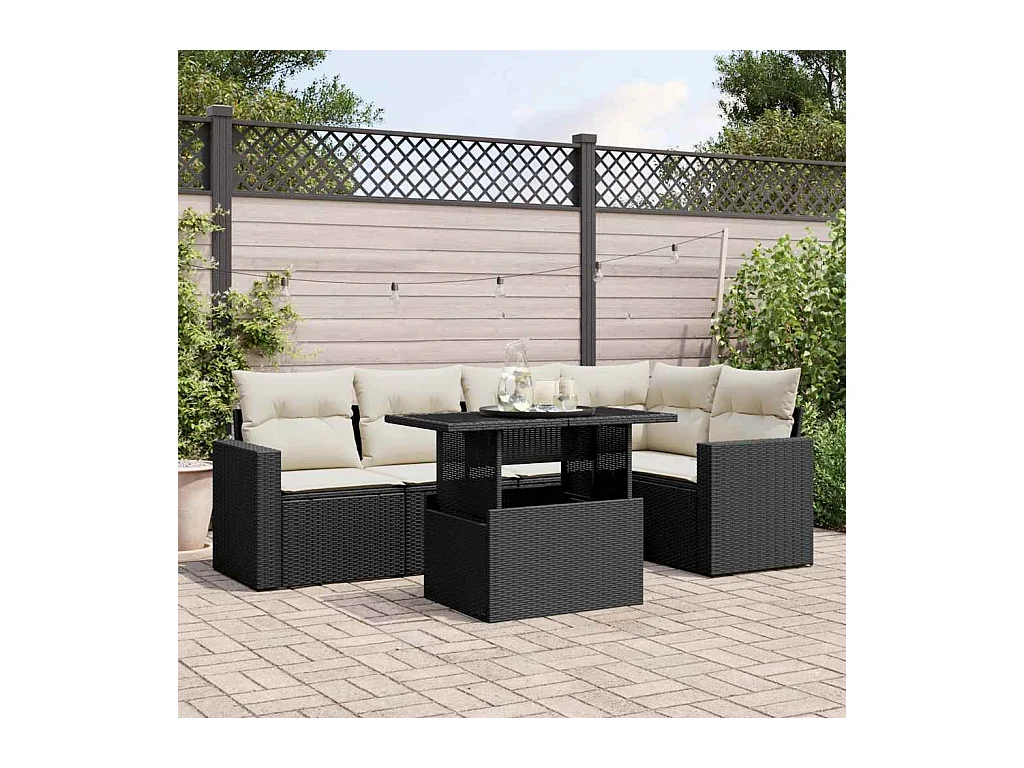 6-tlg. Garten-Sofagarnitur mit Kissen Schwarz Poly Rattan
