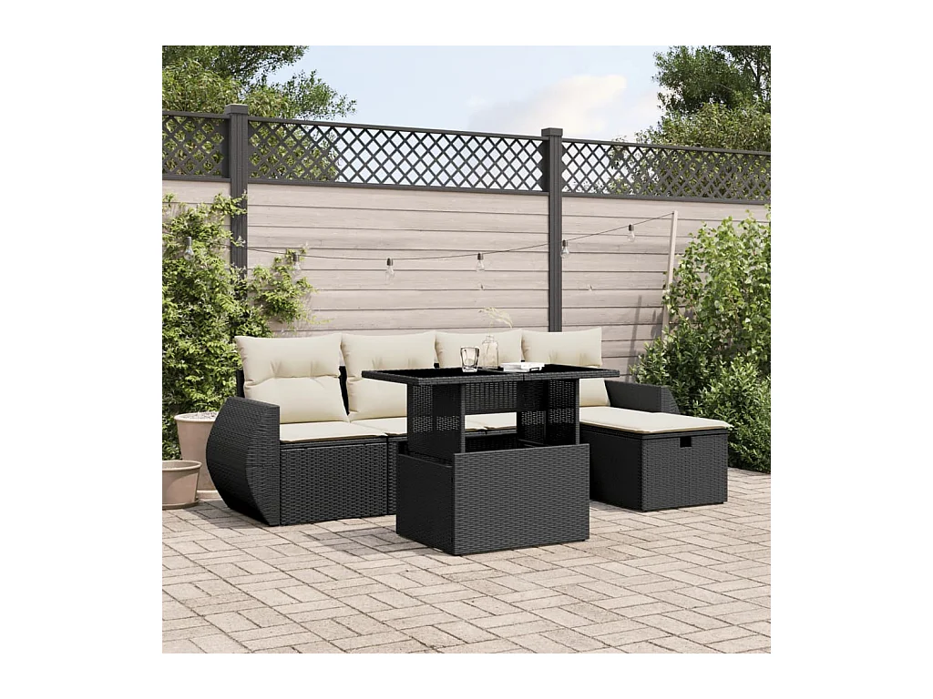 6-tlg. Garten-Sofagarnitur mit Kissen Schwarz Poly Rattan