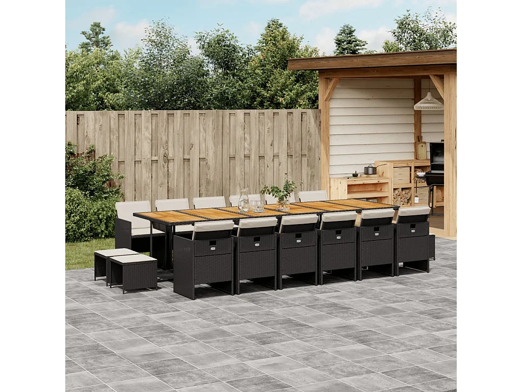 Set da Pranzo da Giardino 17 pz con Cuscini Nero in Polyrattan
