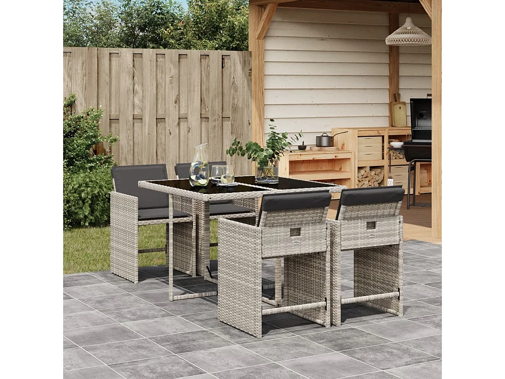 Set Pranzo da Giardino 5pz con Cuscini Grigio Chiaro Polyrattan