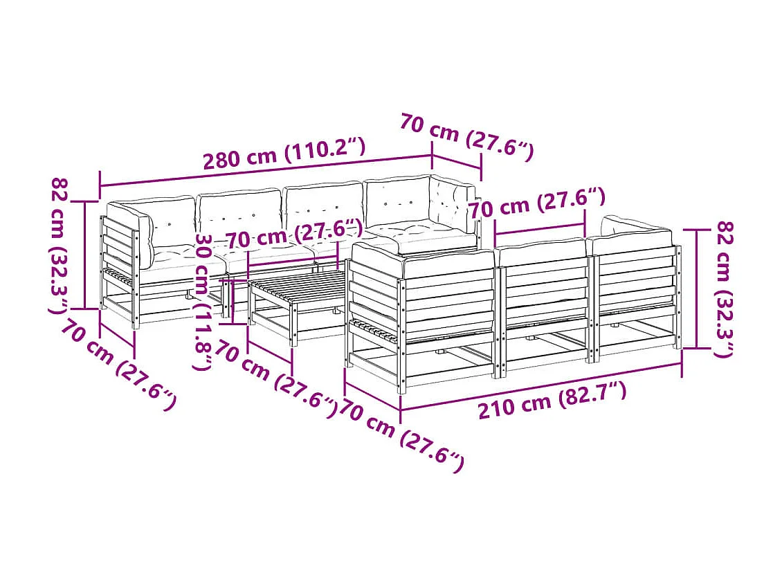 Salon de jardin 8 pcs avec coussins bois de pin massif