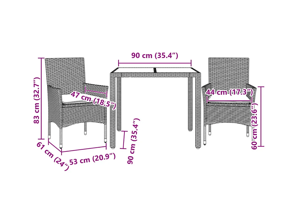 Ensemble à manger de jardin et coussins 3 pcs noir rotin verre