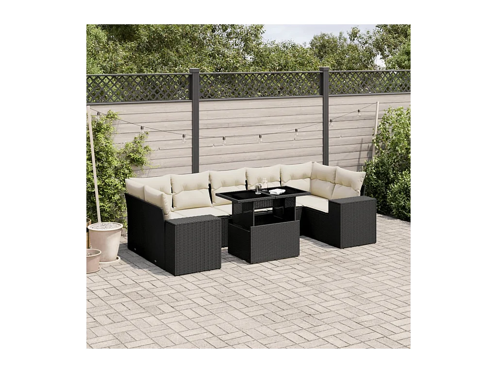 Salon de jardin 8 pcs avec coussins noir résine tressée