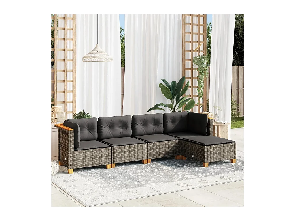 Salon de jardin 5 pcs avec coussins gris résine tressée